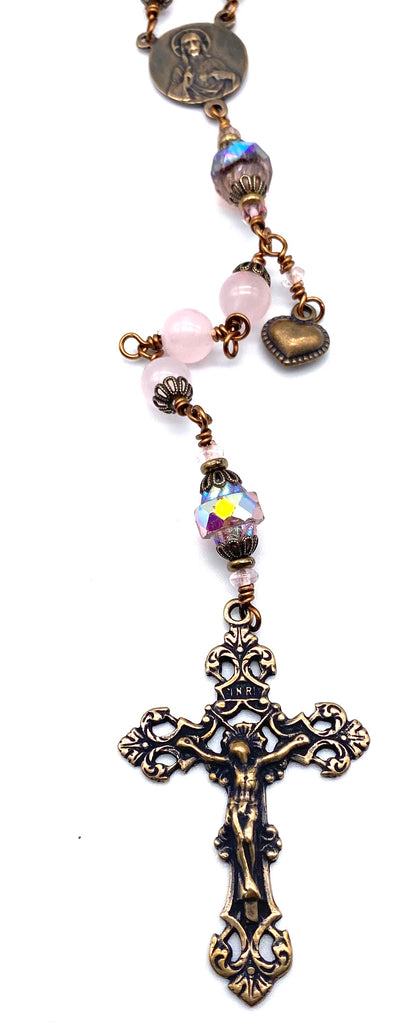 Rose Quartz Faceted Gemstone Wire Wrapped Catholic Heirloom Rosary Large