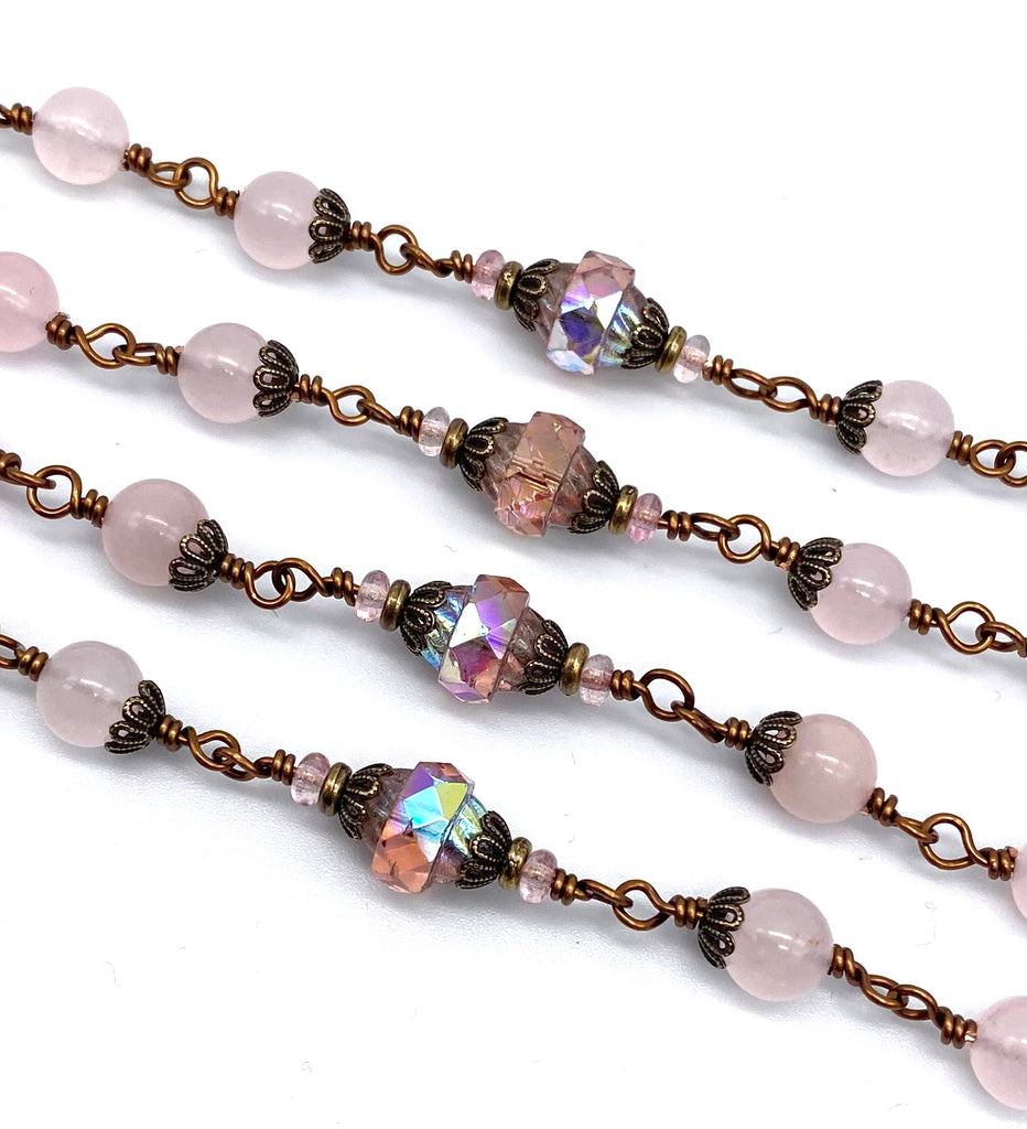 Rose Quartz Faceted Gemstone Wire Wrapped Catholic Heirloom Rosary Large