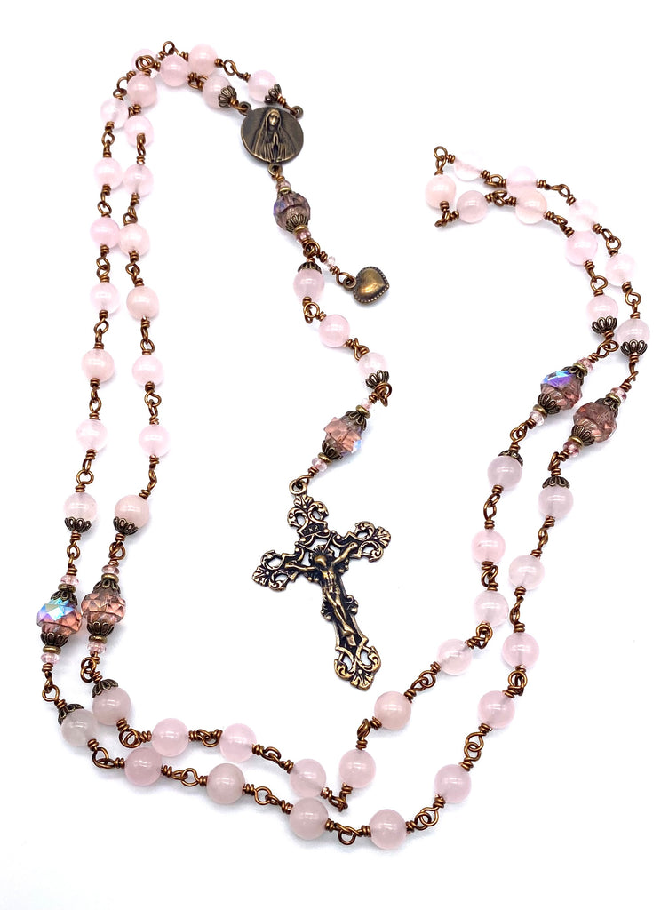 Rose Quartz Faceted Gemstone Wire Wrapped Catholic Heirloom Rosary Large