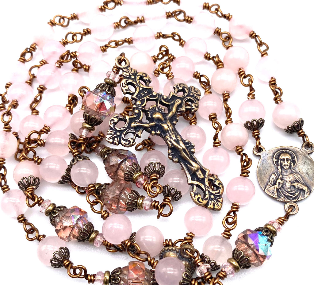 Rose Quartz Faceted Gemstone Wire Wrapped Catholic Heirloom Rosary Large