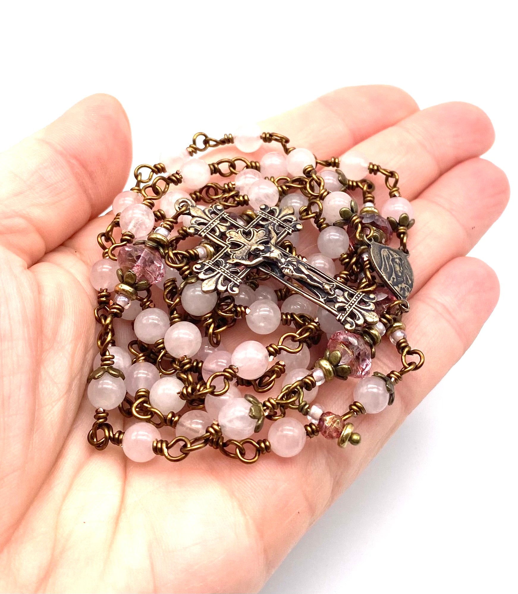 Rose Quartz Wire Wrapped Catholic Rosary - Vintage Bronze Heirloom