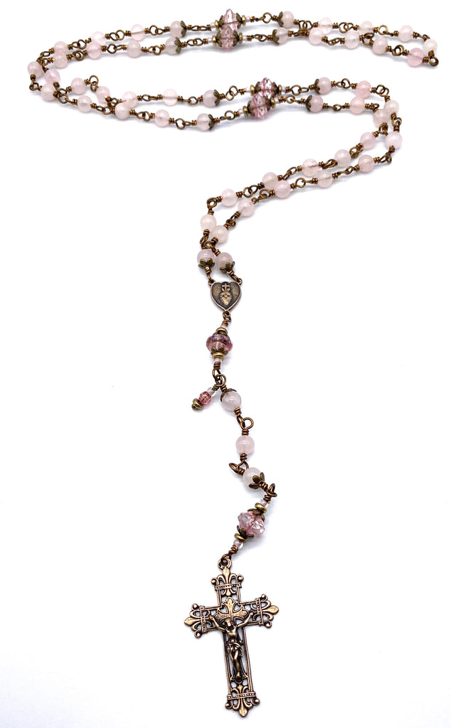 Rose Quartz Gemstone Catholic Wire Wrapped Heirloom Rosary Medium