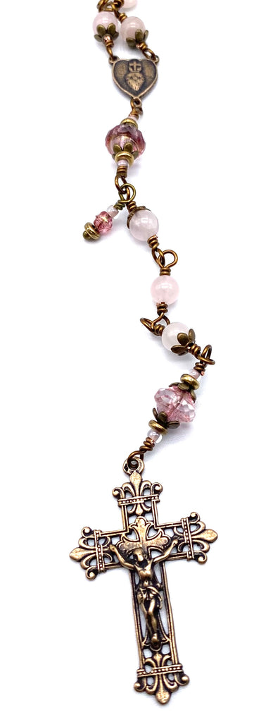 Rose Quartz Gemstone Catholic Wire Wrapped Heirloom Rosary Medium