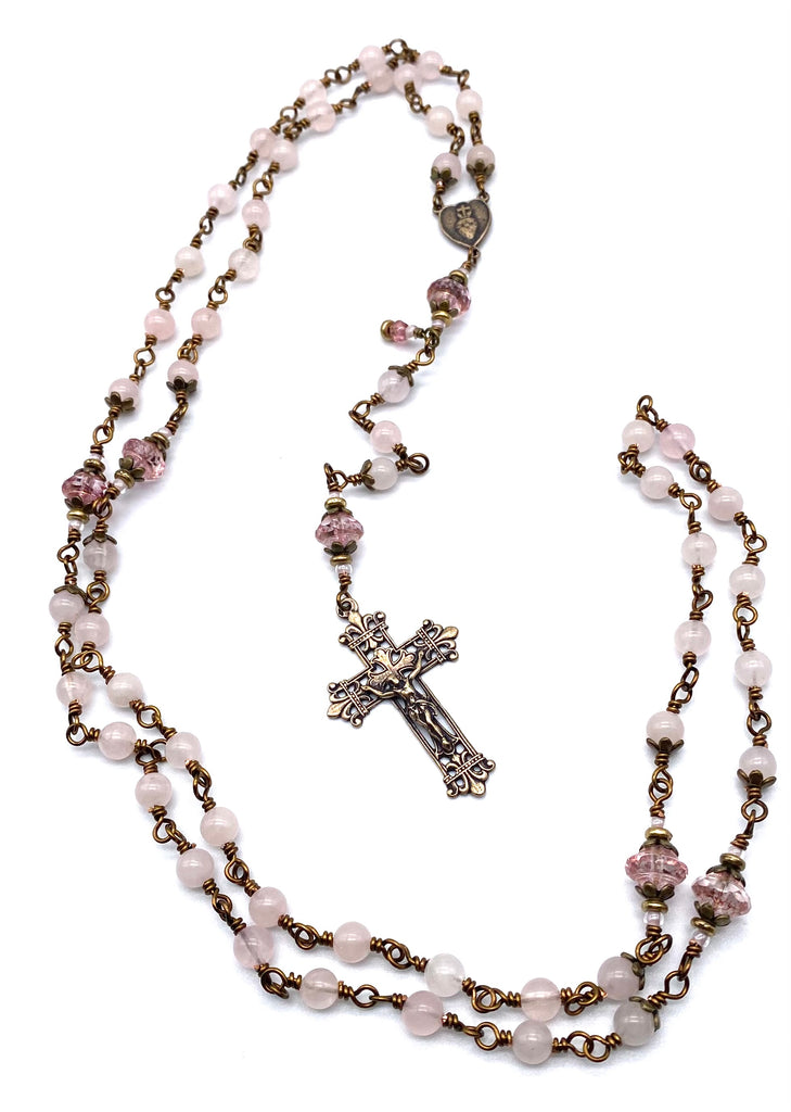 Rose Quartz Gemstone Catholic Wire Wrapped Heirloom Rosary Medium