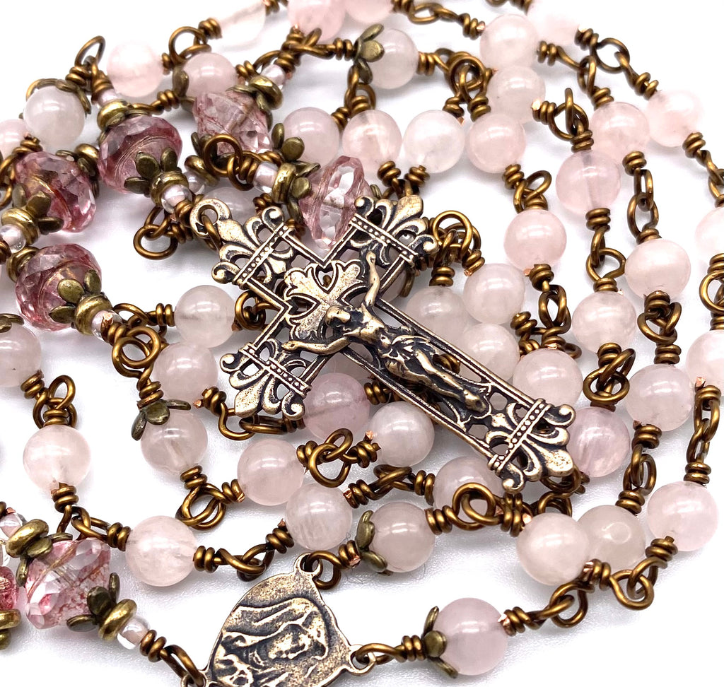 Rose Quartz Gemstone Catholic Wire Wrapped Heirloom Rosary Medium