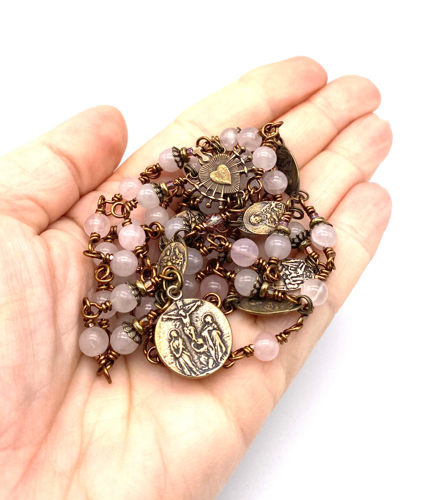Rose Quartz Gemstone Catholic Heirloom Rosary of the Seven Sorrows Med