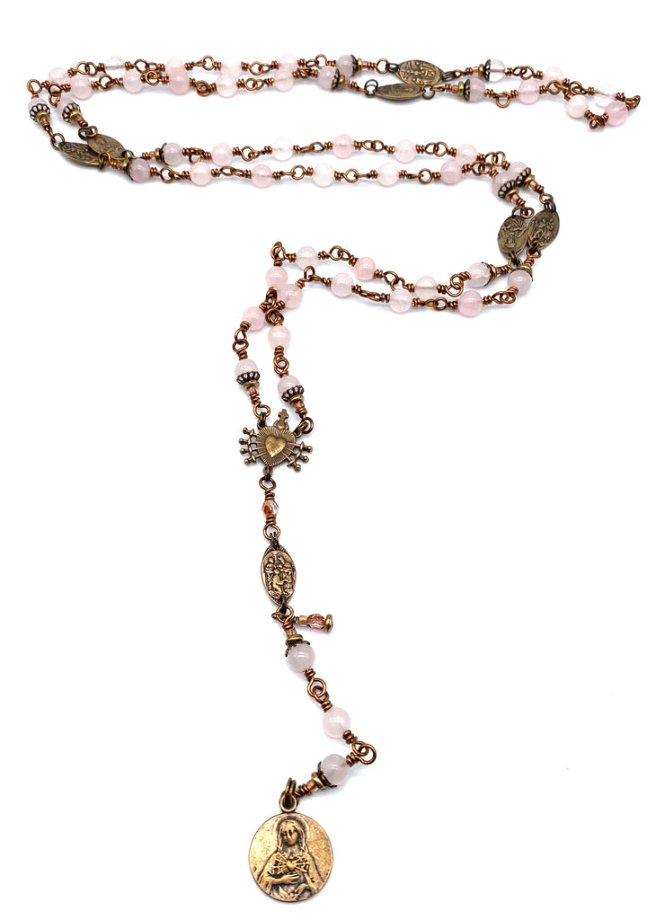 Rose Quartz Gemstone Catholic Heirloom Rosary of the Seven Sorrows Med