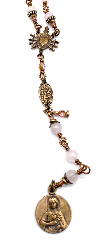 Rose Quartz Gemstone Catholic Heirloom Rosary of the Seven Sorrows Med