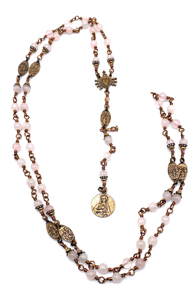 Rose Quartz Gemstone Catholic Heirloom Rosary of the Seven Sorrows Med