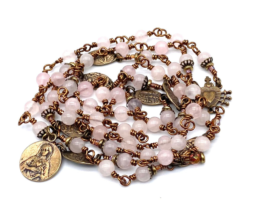 Rose Quartz Gemstone Catholic Heirloom Rosary of the Seven Sorrows Med