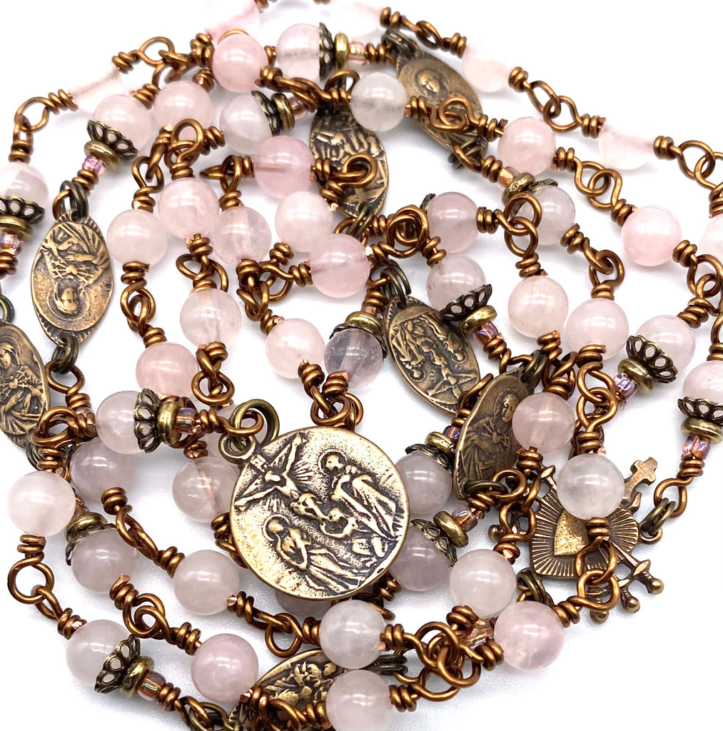 Rose Quartz Gemstone Catholic Heirloom Rosary of the Seven Sorrows Med