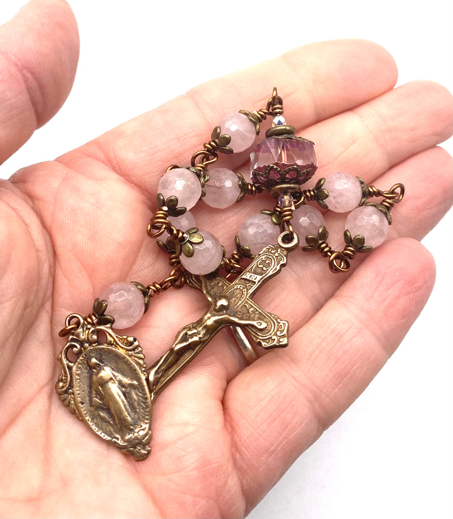 Rose Quartz Gemstone Wire Wrapped Catholic Heirloom Tenner Rosary