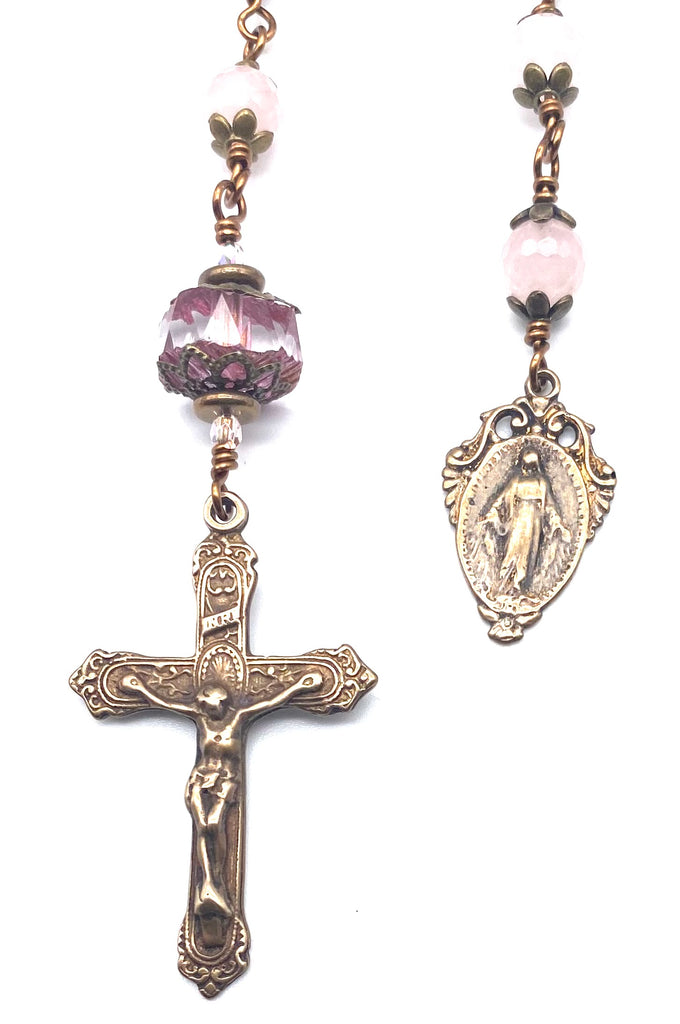 Rose Quartz Gemstone Wire Wrapped Catholic Heirloom Tenner Rosary