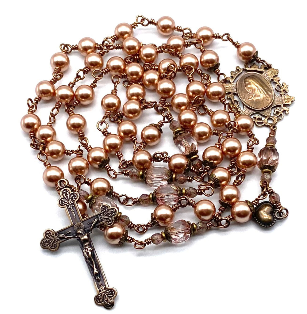 Rose Gold Swarovski Pearl Wire Wrapped Catholic Heirloom Rosary LARGE