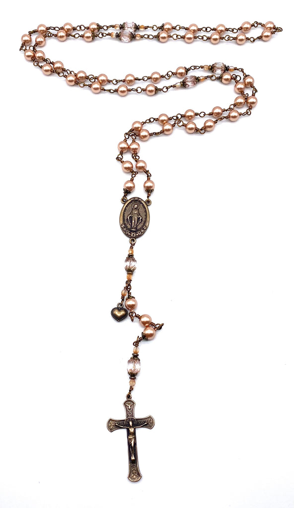 Rose Gold Swarovski Pearl Wire Wrapped Catholic Heirloom Rosary Large