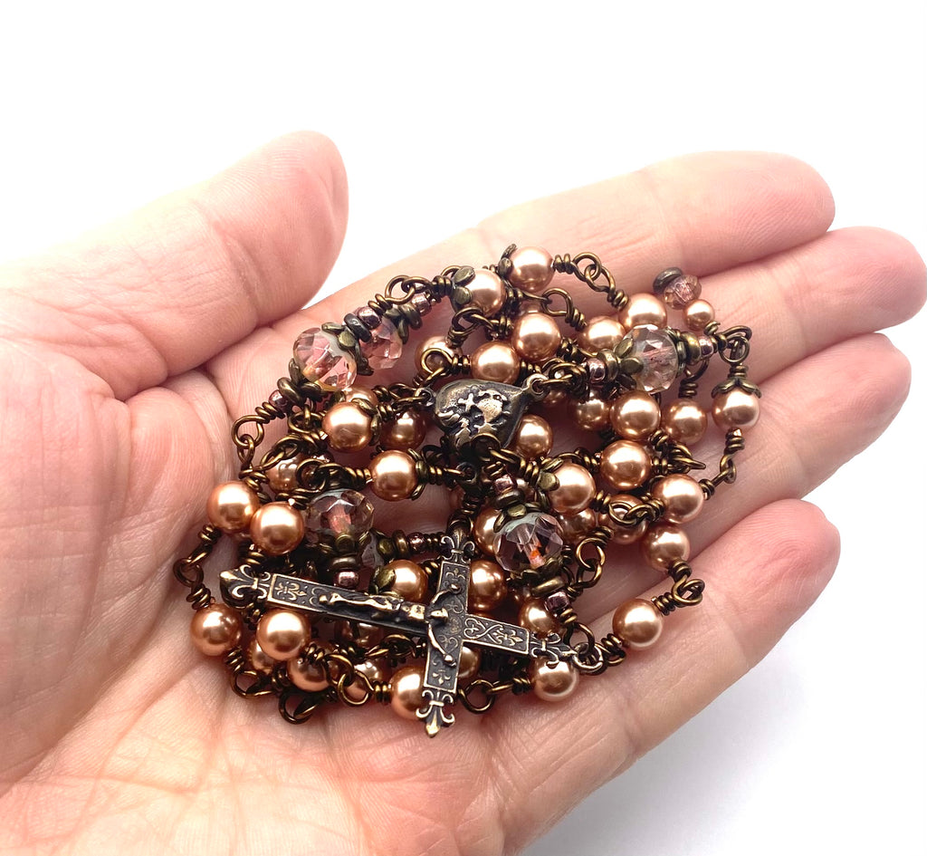 Rose Gold Swarovski Pearl Wire Wrapped Catholic Heirloom Rosary Medium