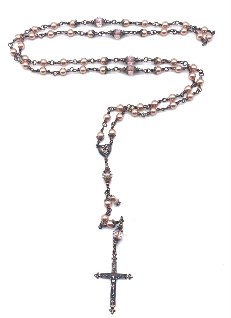 Rose Gold Swarovski Pearl Wire Wrapped Catholic Heirloom Rosary Medium