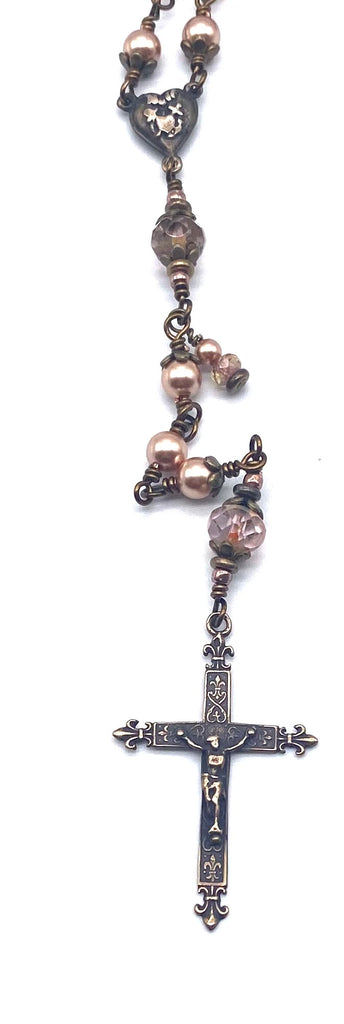 Rose Gold Swarovski Pearl Wire Wrapped Catholic Heirloom Rosary Medium