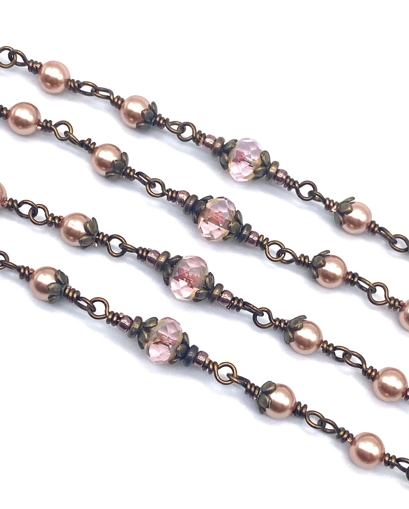 Rose Gold Swarovski Pearl Wire Wrapped Catholic Heirloom Rosary Medium