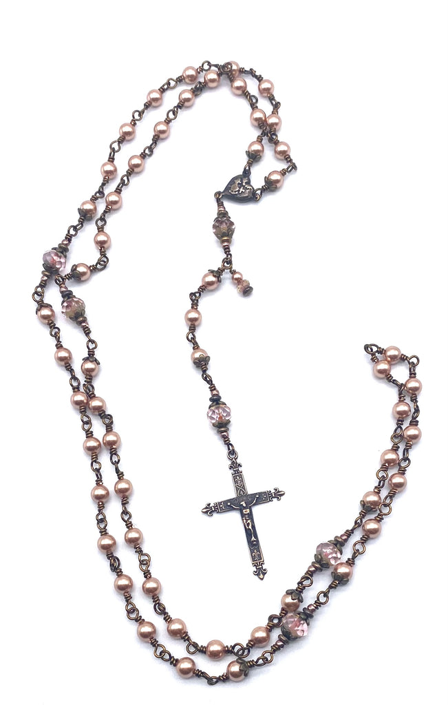 Rose Gold Swarovski Pearl Wire Wrapped Catholic Heirloom Rosary Medium