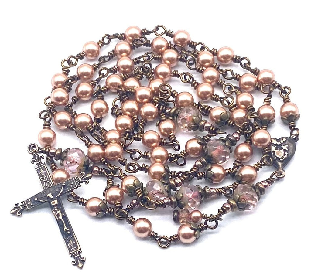 Rose Gold Swarovski Pearl Wire Wrapped Catholic Heirloom Rosary Medium