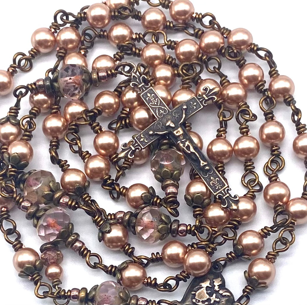 Rose Gold Swarovski Pearl Wire Wrapped Catholic Heirloom Rosary Medium