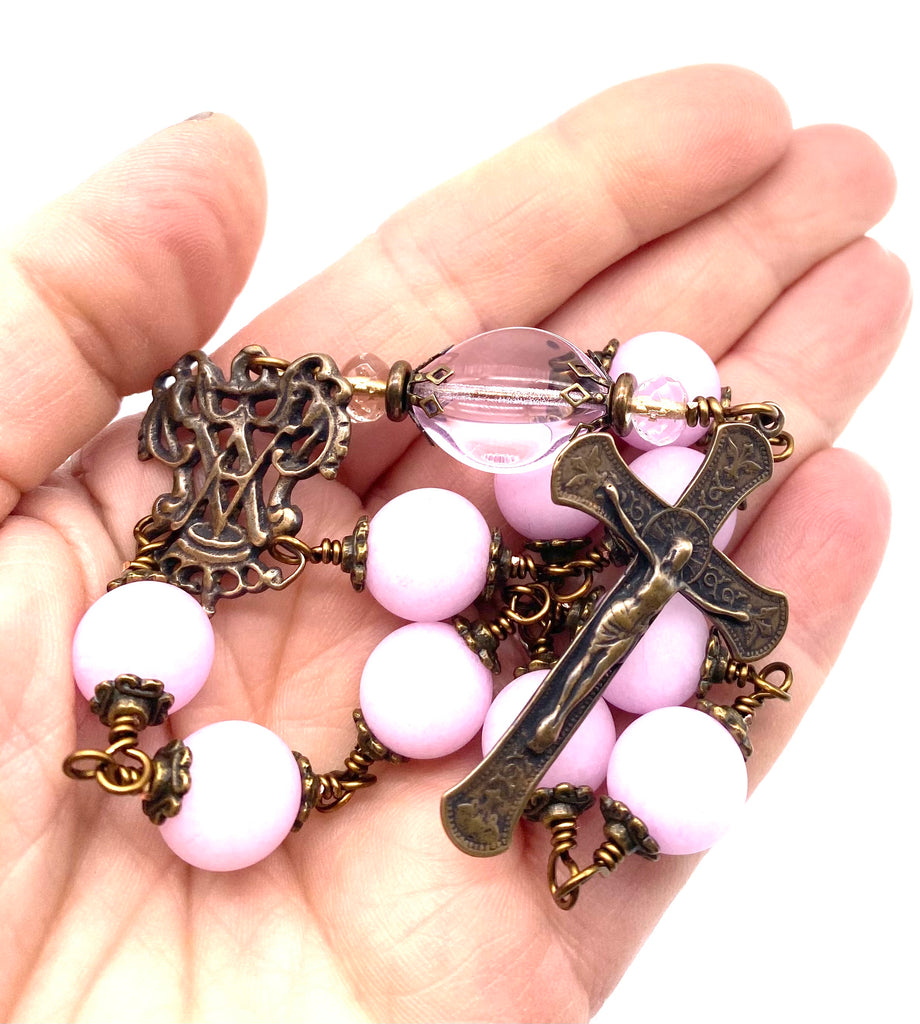 Rose Lilac Jade Matte Gemstone Wire Wrapped BIG BEAD Catholic Heirloom Travel Rosary