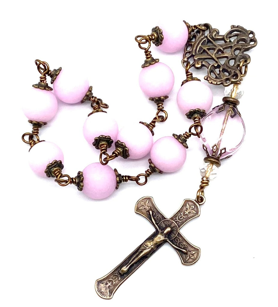 Rose Lilac Jade Matte Gemstone Wire Wrapped BIG BEAD Catholic Heirloom Travel Rosary