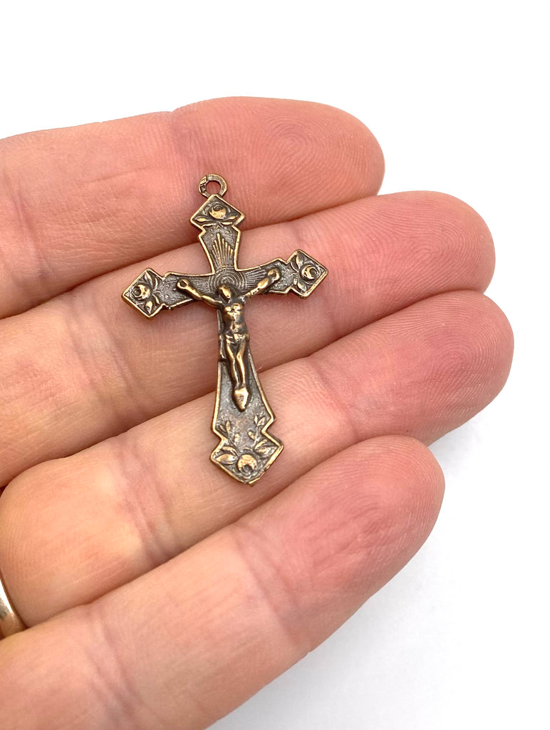 Solid Bronze ROSE POINTS Crucifix, Rosary Parts, Catholic Pendant Jewelry, Relgious Charms, Antique/Vintage Reproduction #PG3149
