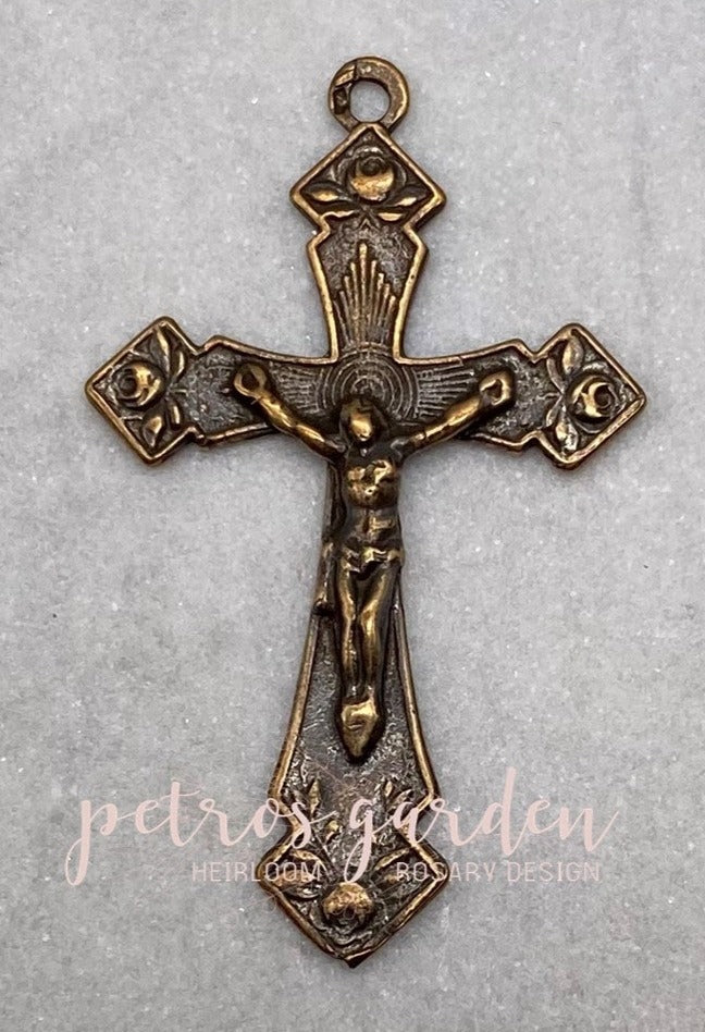 Solid Bronze ROSE POINTS Crucifix, Rosary Parts, Catholic Pendant Jewelry, Relgious Charms, Antique/Vintage Reproduction #PG3149