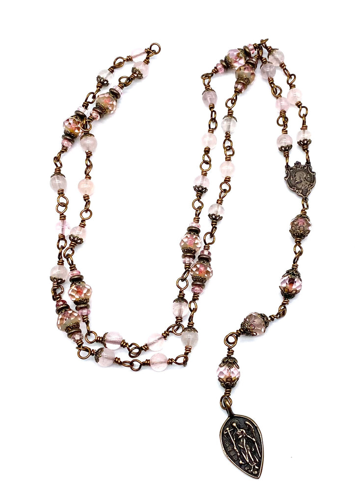 Rose Quartz Gemstone Wire Wrapped Catholic Heirloom Chaplet of Saint Michael MEDIUM