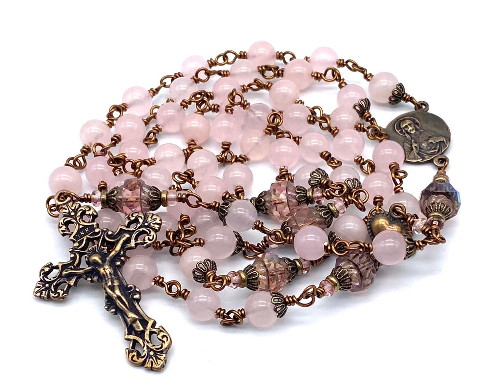 Rose Quartz Faceted Gemstone Wire Wrapped Catholic Heirloom Rosary Large