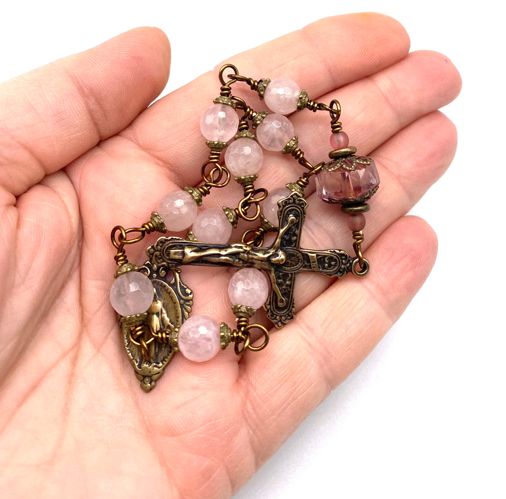Rose Quartz Gemstone Wire Wrapped Catholic Heirloom Tenner Rosary