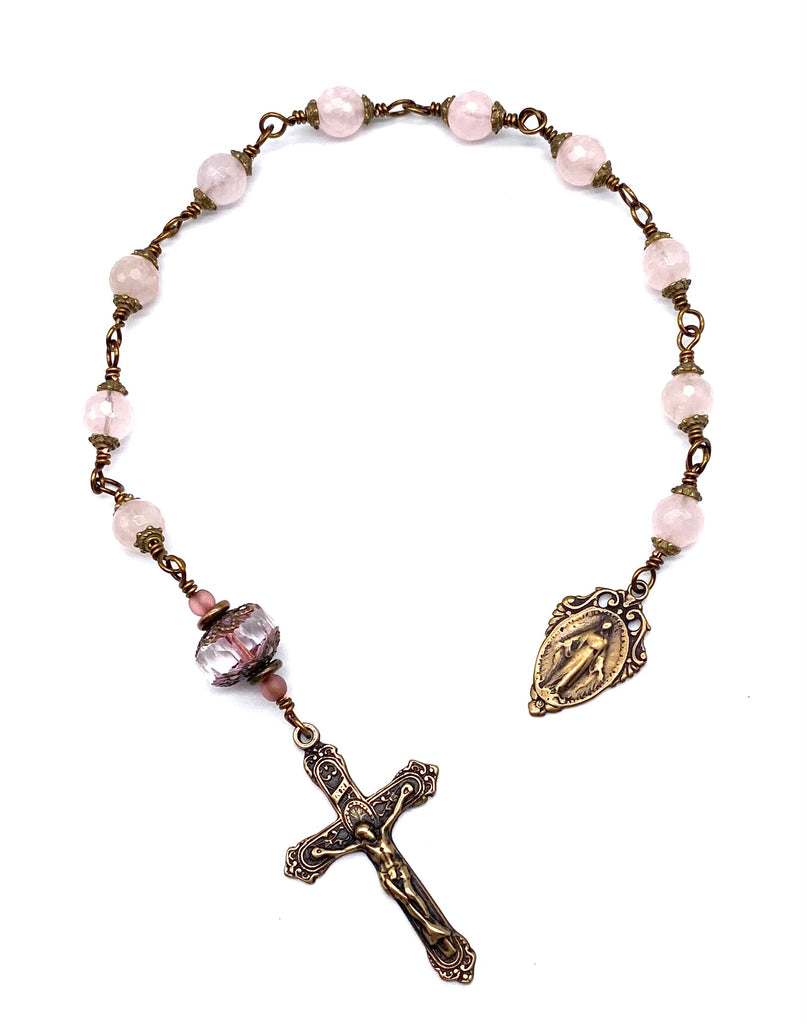 Rose Quartz Gemstone Wire Wrapped Catholic Heirloom Tenner Rosary