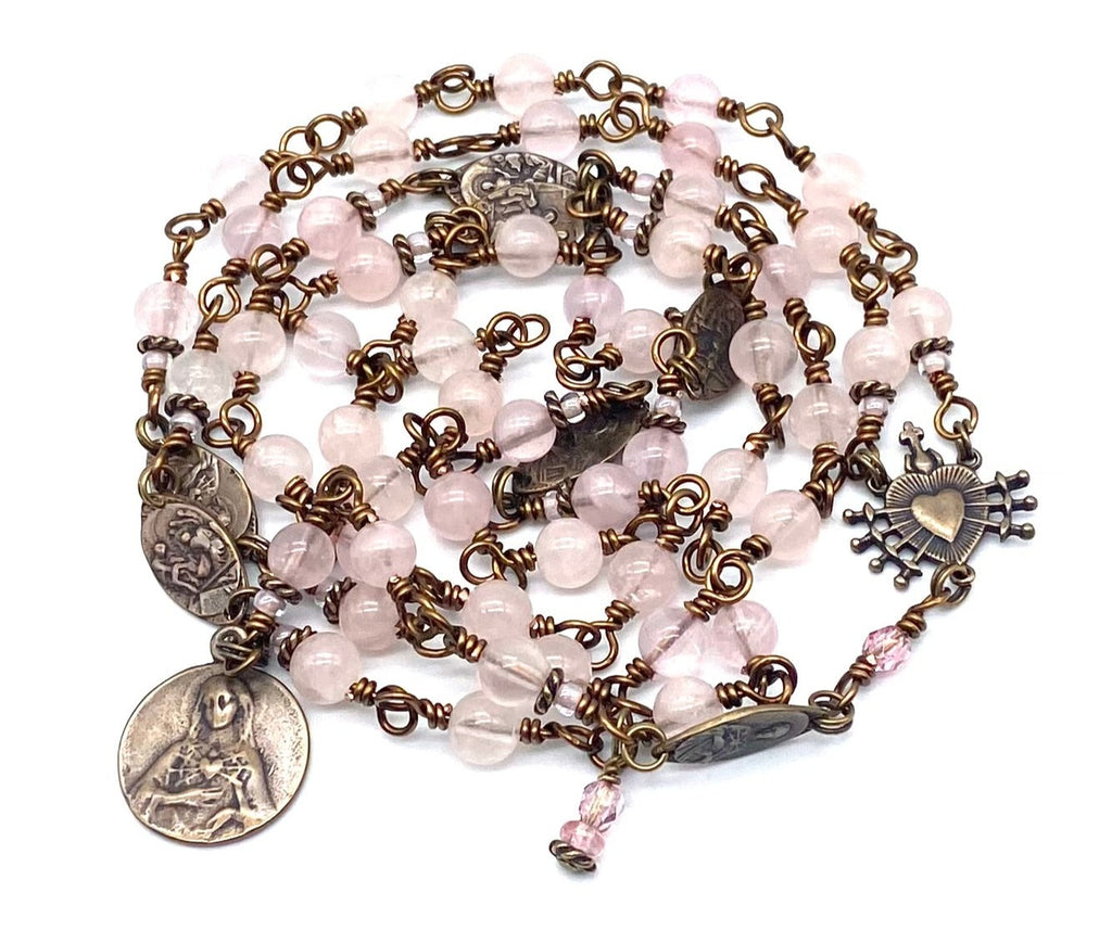Seven Sorrows Rosary, Rose Quartz Gemstone Heirloom Catholic Servite Delores Rosary Wire Wrapped Solid Bronze MEDIUM