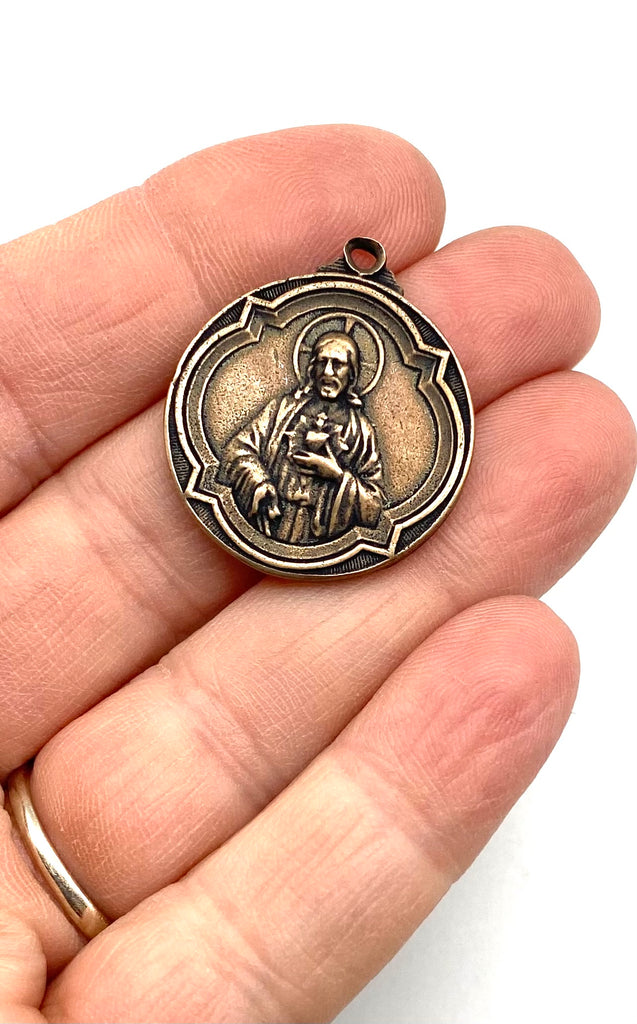 Solid Bronze LARGE SACRED HEART OF JESUS LOURDES Catholic Medal Antique Vintage Reproduction #PG7149