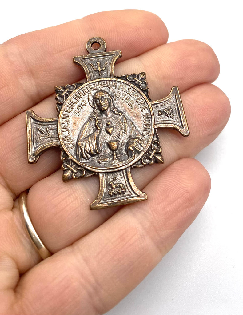 Solid Bronze SACRED HEART EUCHARIST Catholic Medal, Rosary Parts, Religious Charm, Antique/Vintage Reproduction #PG7137