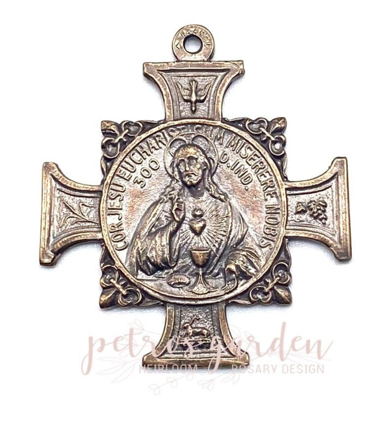 Solid Bronze SACRED HEART EUCHARIST Catholic Medal, Rosary Parts, Religious Charm, Antique/Vintage Reproduction #PG7137