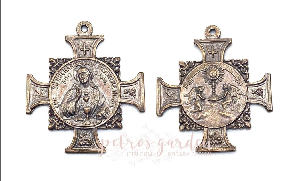 Solid Bronze SACRED HEART EUCHARIST Catholic Medal, Rosary Parts, Religious Charm, Antique/Vintage Reproduction #PG7137