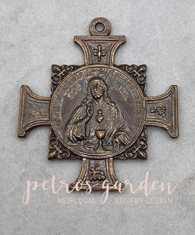 Solid Bronze SACRED HEART EUCHARIST Catholic Medal, Rosary Parts, Religious Charm, Antique/Vintage Reproduction #PG7137