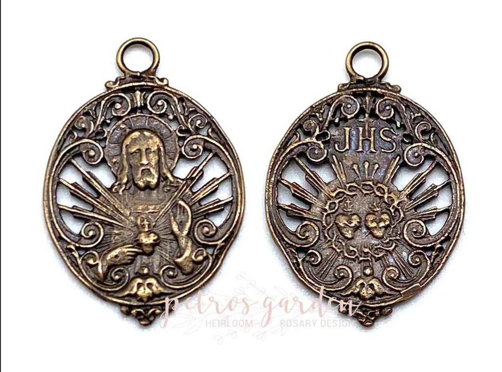 Solid Bronze SACRED HEART OPENWORK Catholic Medal, Catholic Pendant Jewelry, Religious Charm, Antique/Vintage Reproduction #PG7143