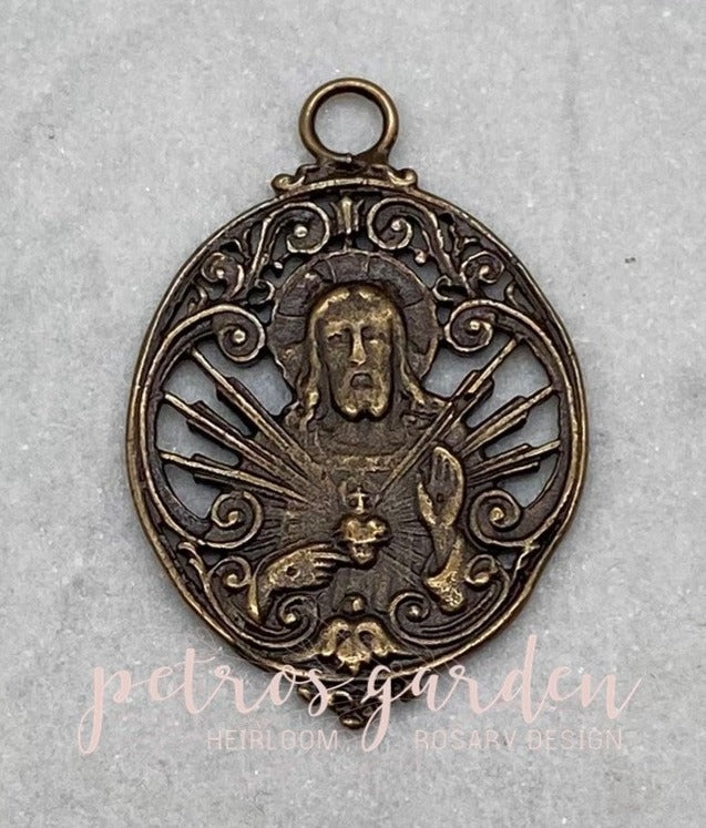 Solid Bronze SACRED HEART OPENWORK Catholic Medal, Catholic Pendant Jewelry, Religious Charm, Antique/Vintage Reproduction #PG7143