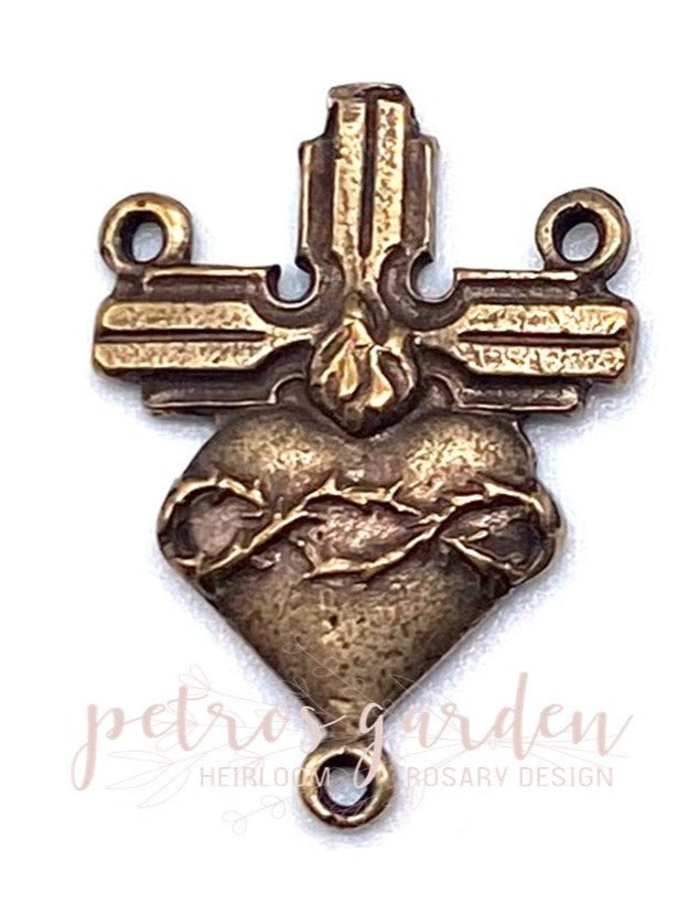 Solid Bronze SACRED HEART ART DECO Lines Centerpiece, Rosary Parts, Antique/Vintage Reproduction #PG1134