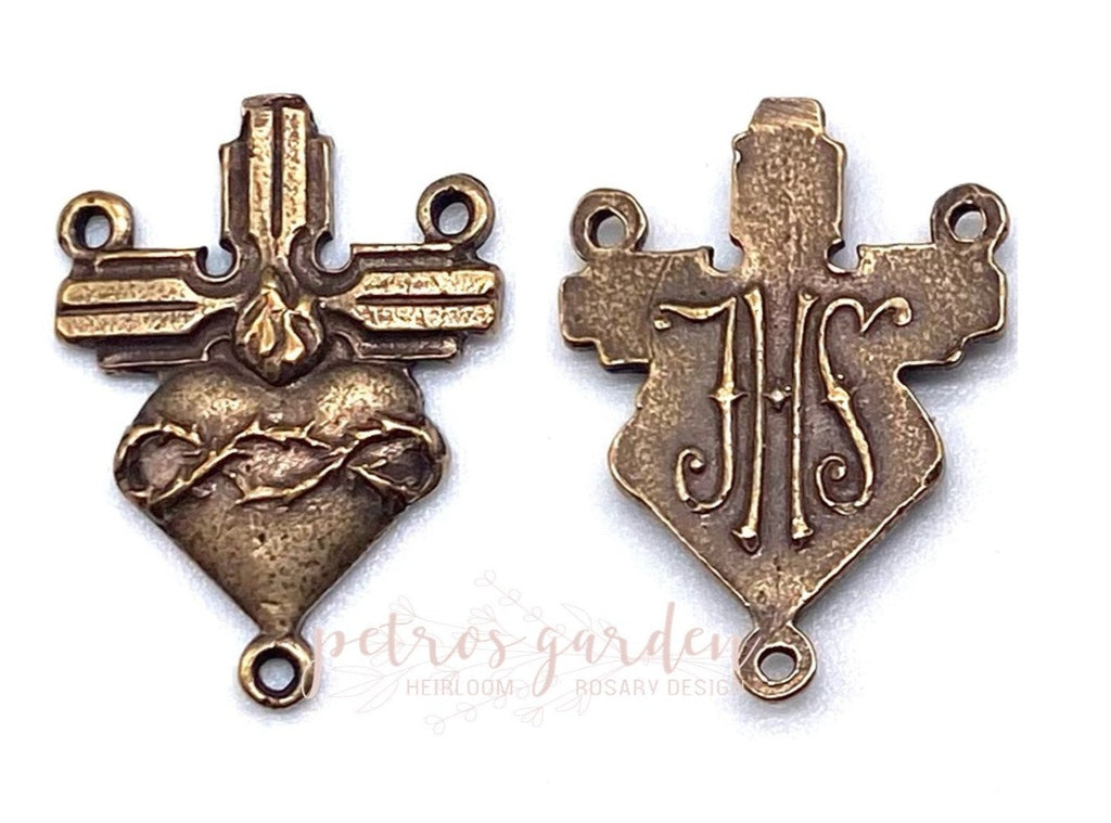 Solid Bronze SACRED HEART ART DECO Lines Centerpiece, Rosary Parts, Antique/Vintage Reproduction #PG1134