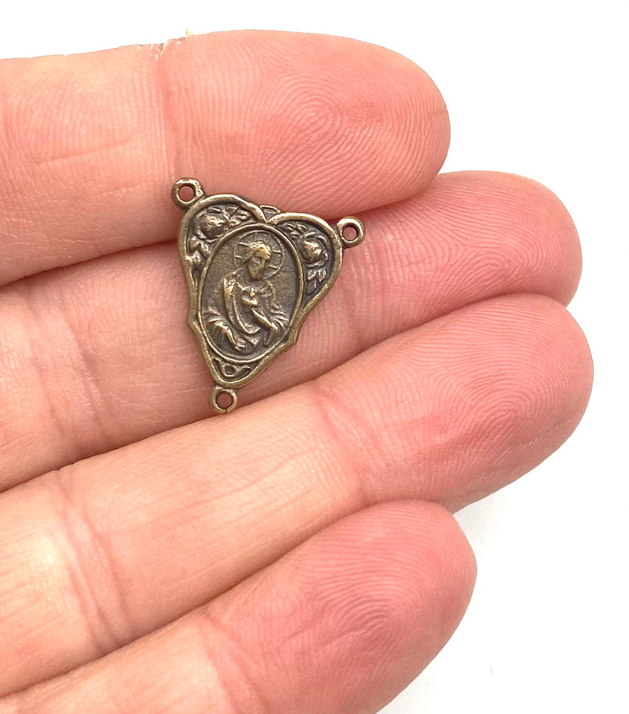 Solid Bronze SACRED HEART ROSES Centerpiece, Rosary Center, Catholic Connector, Religious Jewelry, Antique/Vintage Reproduction #PG1130