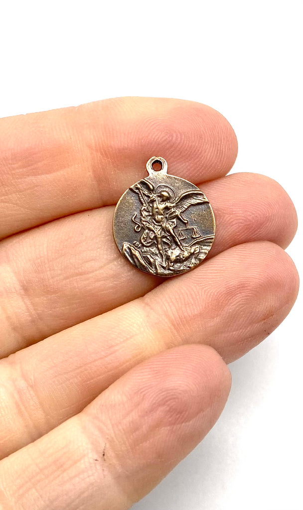 Solid Bronze SAINT MICHAEL ITALY SMALL Catholic Medal, Rosary Parts, Religious Charms, Antique Vintage Reproduction #PG7208
