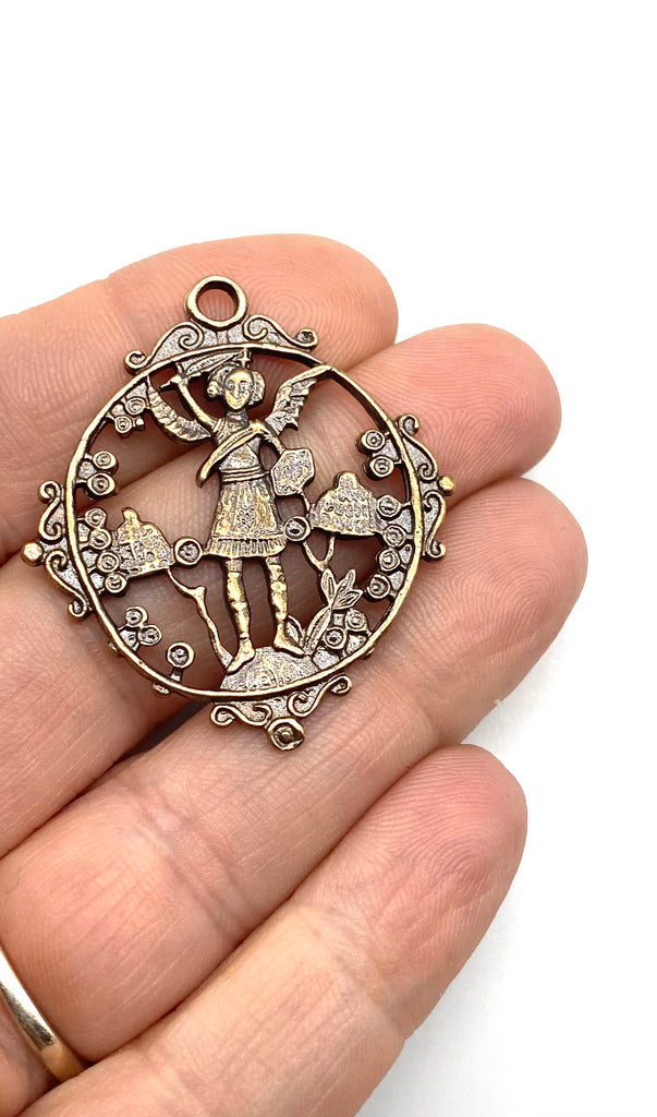 Solid Bronze STAINT MICHAEL 18C OPENWORK Catholic Medal, Rosary Parts, Religious Charms, Antique Vintage Reproduction #PG7184