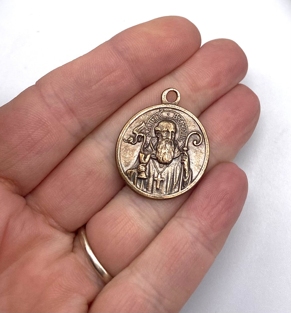 Solid Bronze SAINT BENEDICT LARGE Catholic Medal, Rosary Part, Catholic Pendant, Religious Charm, Antique/Vintage Reproduction #PG7134