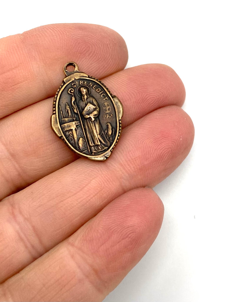 Solid Bronze SAINT BENEDICT OVAL Catholic Medal Pendant, Religious Charm, Antique/Vintage Reproduction #PG7127