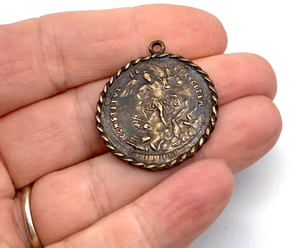 Solid Bronze SAINT MICHAEL ROPE BORDER Catholic Medal, Catholic Pendant Jewelry, Religious Charm, Antique/Vintage Reproduction #PG7138